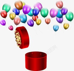 手绘红色礼盒打开彩色气球素材