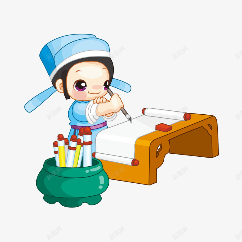 正在作画的卡通古代小人png免抠素材_88icon https://88icon.com 中华传统 中国传统民俗 中国古代人物 中国风 书法 写字 卡通 卡通小孩 大毛笔 手握毛笔 状元 画卷 科举 读书