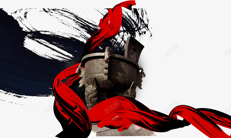三足鼎中古风元素png免抠素材_88icon https://88icon.com 三足鼎 中国风 古风元素 墨迹 红绸带