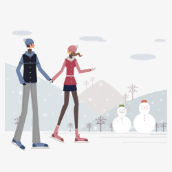 雪地中散步的情侣矢量图素材