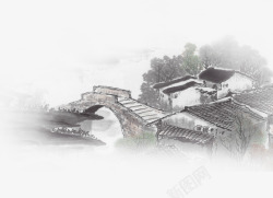 桥景手绘手绘中国风复古建筑高清图片