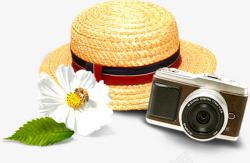 休假草帽相机白色的花高清图片