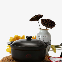 养生汤煲陶瓷土砂锅和花素材
