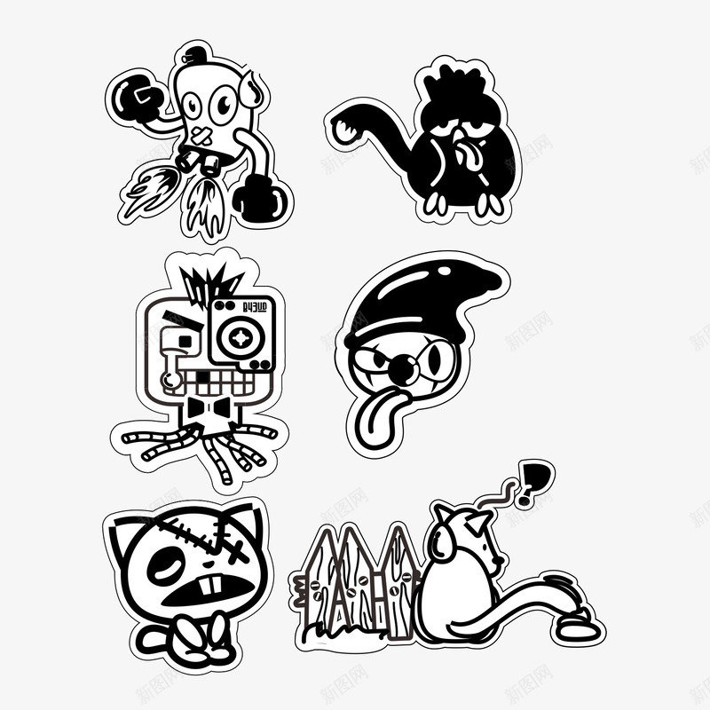 黑白风格卡通形象png免抠素材_88icon https://88icon.com 小丑 狗机器人 猫
