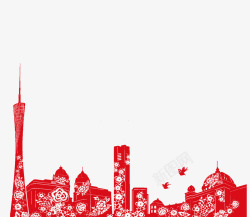 红色剪纸城市建筑素材