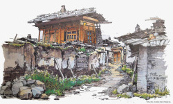 建筑的农村乡村建筑物手绘高清图片