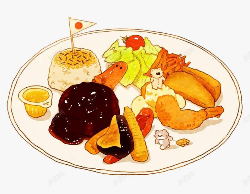 手绘美食拼盘png免抠素材_88icon https://88icon.com 小熊 手绘图 炸虾 绘画 美食 餐饮美食