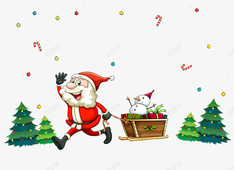 拉雪橇的圣诞老人png免抠素材_88icon https://88icon.com 圣诞老人 拉雪橇 树 雪人