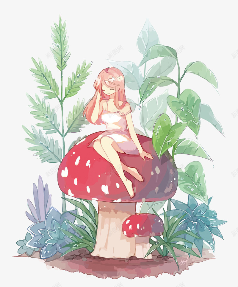 蘑菇少女png免抠素材_88icon https://88icon.com 卡通 小清新 少女 手绘 绿叶 绿色 草 蘑菇