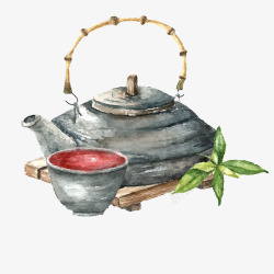 水彩绘茶壶和茶杯矢量图素材