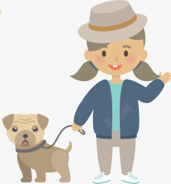 笑咪咪的小女孩和小狗牵着小狗的女孩卡通图高清图片