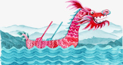 水彩水墨装饰插图端午节龙舟与海素材