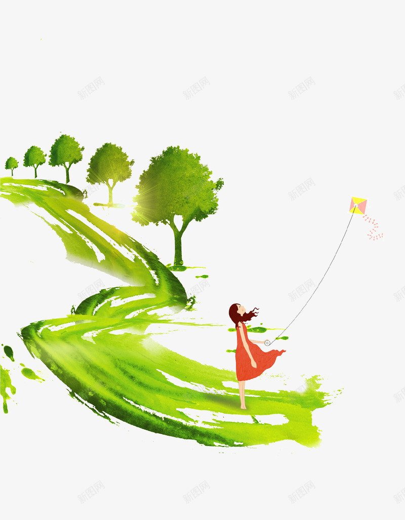 绿色清新春游踏青插画psd免抠素材_88icon https://88icon.com 少女 插画 春游 海报 绿色 踏青 风筝