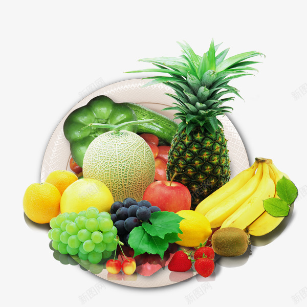 一盘蔬菜瓜果png免抠素材_88icon https://88icon.com 产品实物 水果 盘子 菜类图片 葡萄 青椒 香蕉