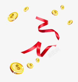 创意飞舞的钱币红色飘带高清图片