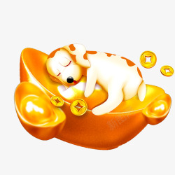 睡在金元宝上的小狗素材