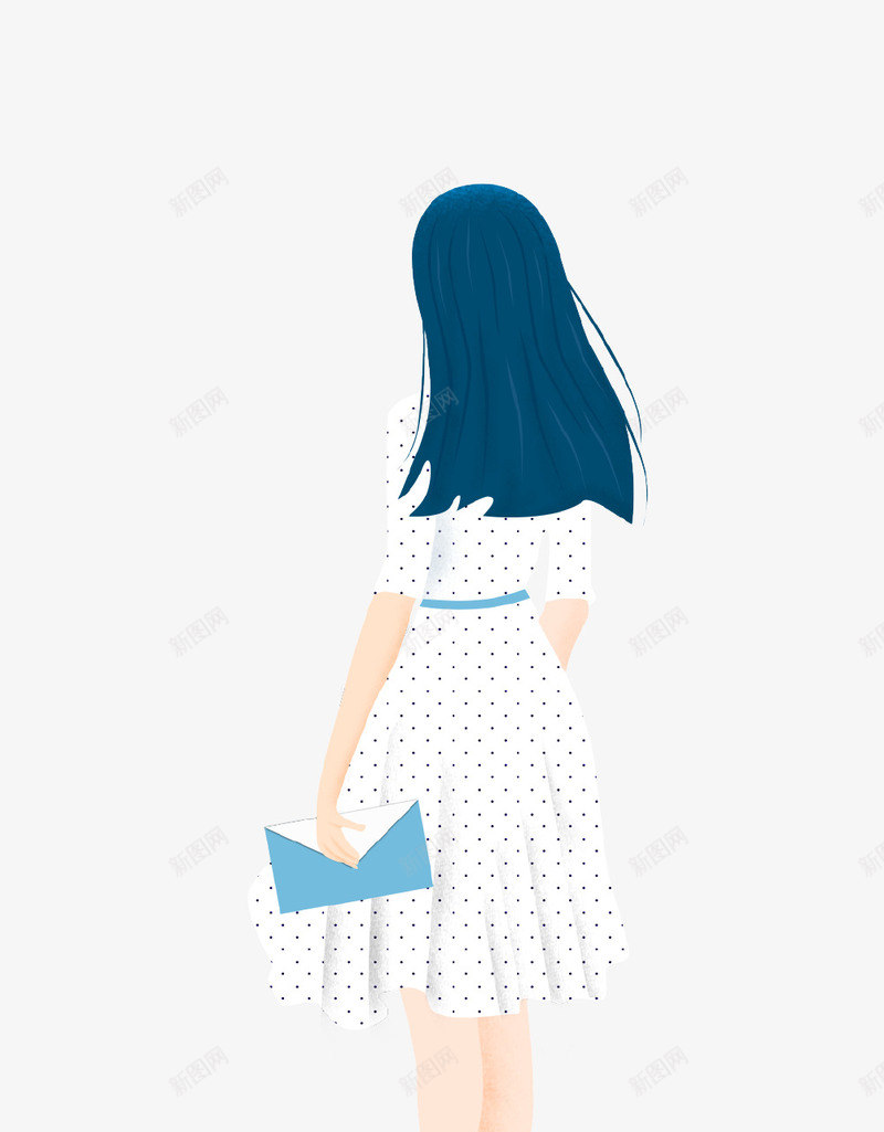 拿着信封的少女插画psd免抠素材_88icon https://88icon.com 信封 唯美 少女 插画 白色长裙 背影 长发