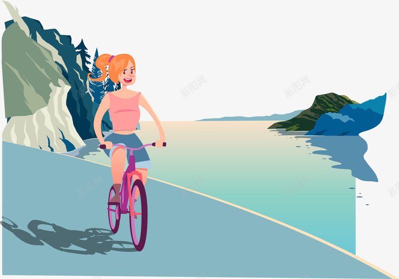 晨起骑车png免抠素材_88icon https://88icon.com 公路 卡通 少女 沿海公路 沿途风景 海滩 海边 路途