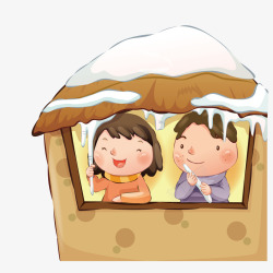 在茅草屋里看雪景的情侣矢量图素材