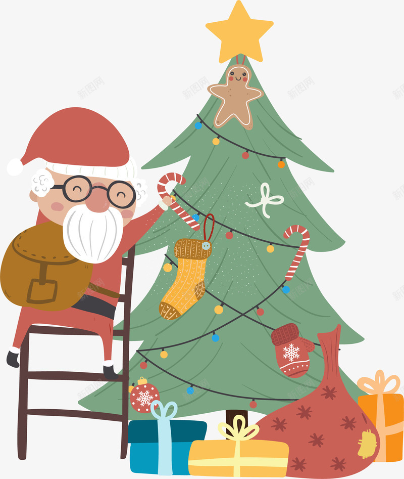 可爱装饰圣诞树的圣诞老人矢量图ai免抠素材_88icon https://88icon.com 卡通人物 卡通圣诞老人 可爱 圣诞树 圣诞老人 圣诞装饰 眼镜 装饰 矢量图