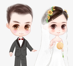 手绘卡通情侣婚纱照插画素材