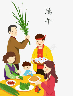 彩绘包粽子插画可爱手绘端午节一家人包粽子插画高清图片