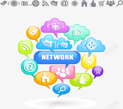 科技信息框云状对话框以及网络媒体图标图标