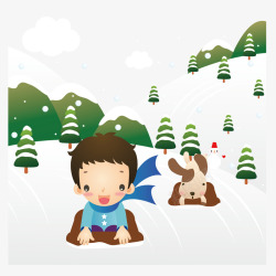 在雪地上滑雪的男孩和小狗素材