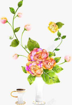 春季手绘彩色玫瑰叶子素材