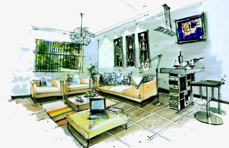 室内客厅手绘效果图png免抠素材_88icon https://88icon.com 室内手绘 室内效果图 室内透视图 手绘图 透视线条