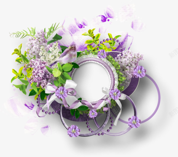 紫色花卉圆环边框png免抠素材_88icon https://88icon.com 圆环边框 紫色花卉 绿色叶子 装饰素材