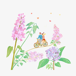 骑单车的情侣墙手绘时尚插画情侣和丁香花高清图片