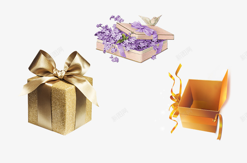 金色礼盒礼包装饰psd免抠素材_88icon https://88icon.com 免抠礼盒 实惠礼包 打开的礼包 紫色花盒 花朵 金色彩带 金色礼盒