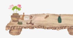 古风手绘书桌木质文房四宝素材