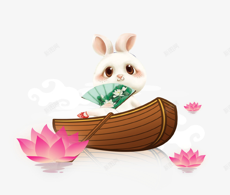 卡通可爱萌兔插画psd免抠素材_88icon https://88icon.com 兔子 划船 卡通 可爱 插画 湖水 莲花 萌宠