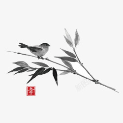 中国水墨竹子和黄鹂鸟素材