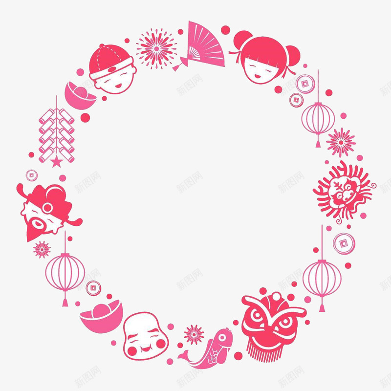 新年圆形装饰边框png免抠素材_88icon https://88icon.com 元宝 折扇 新年元素 灯笼 红色