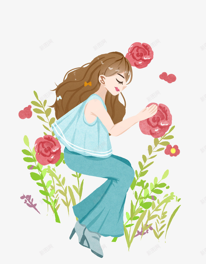 女孩手绘花朵玫瑰png免抠素材_88icon https://88icon.com 卡通插画 手绘春分插画 漂亮的女孩 粉色的鲜花 绿色的叶子 躺着的女孩