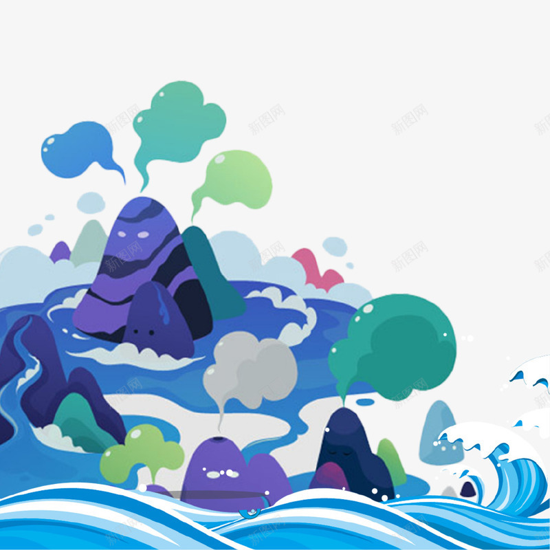 蓝色创意海浪插画psd免抠素材_88icon https://88icon.com 创意设计 卡通 插画 海报 海浪 蓝色
