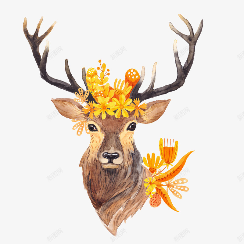 黄色花朵装饰鹿头png免抠素材_88icon https://88icon.com 灰色的鹿头 花朵 装饰 鹿头像 黄色