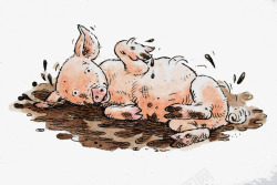 飞溅泥点手绘插图躺在污泥中的小猪高清图片