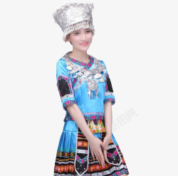 蓝色裙子佩戴银饰品的瑶族女孩素材