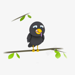 可爱的黑色卡通小鸟觅食素材