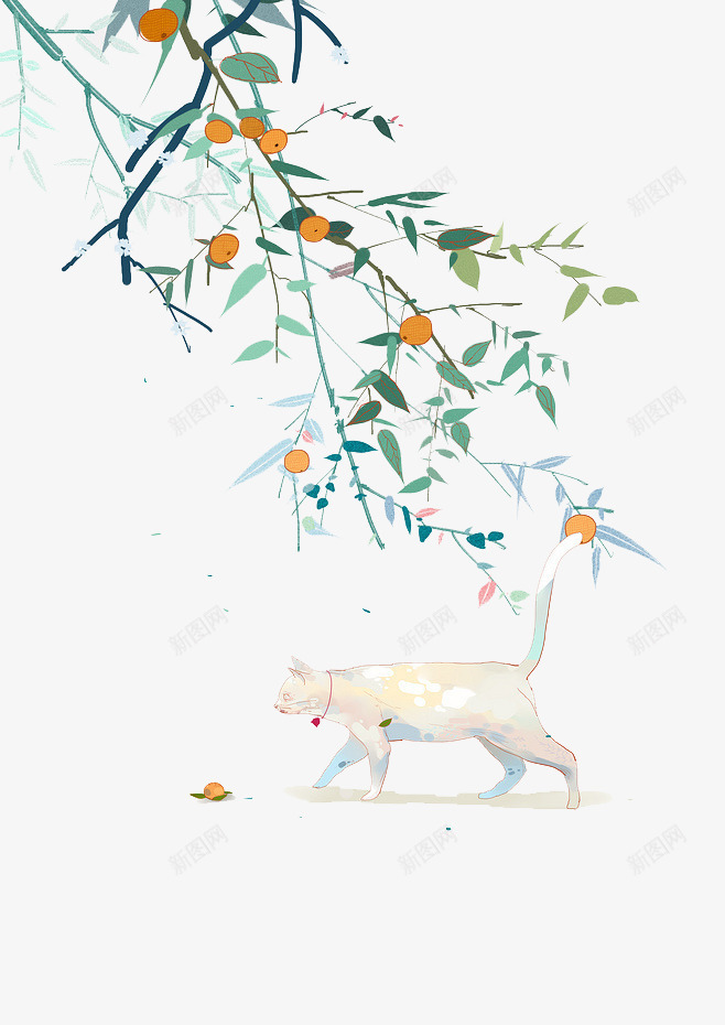 树下的猫psd免抠素材_88icon https://88icon.com 叶子 树 橘子 白猫 装饰