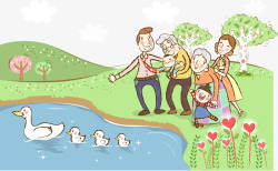 卡通插图一家人湖边草地看鸭子素材