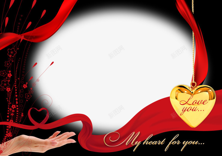 红色飘带装饰的椭圆形边框png免抠素材_88icon https://88icon.com LOVEYOU 相框 红色心形 边框 金色心形 黑色边框