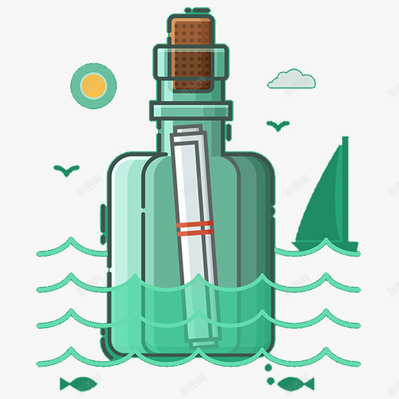 绿色的漂流瓶png免抠素材_88icon https://88icon.com 卡通 大雁 手绘 海水 漂流瓶 简图 纸卷 绿色的