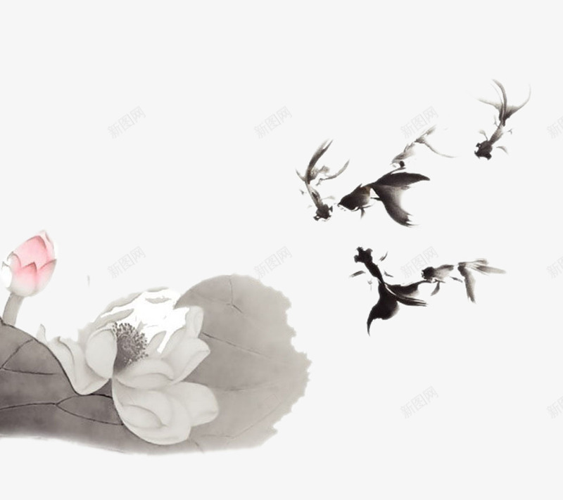 墨水鱼与荷花png免抠素材_88icon https://88icon.com 动物 古风 小鱼 手绘 水墨鱼 花卉 荷花