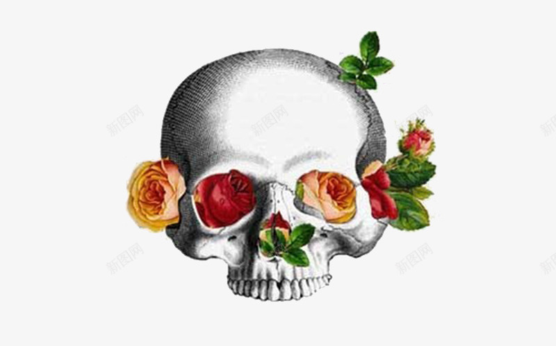 鲜花白骨psd免抠素材_88icon https://88icon.com 白骨 绿叶 装饰 鲜花