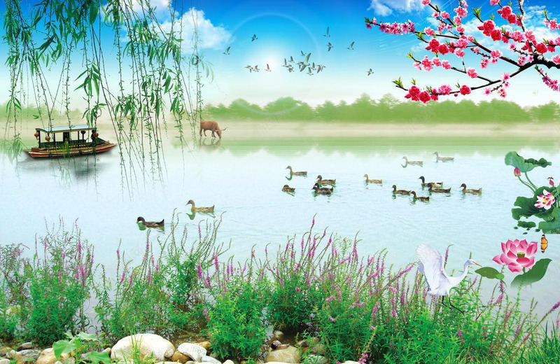 惬意的湖景png免抠素材_88icon https://88icon.com 安逸 惬意的生活 湖上游船水鸭牛吃草 美景